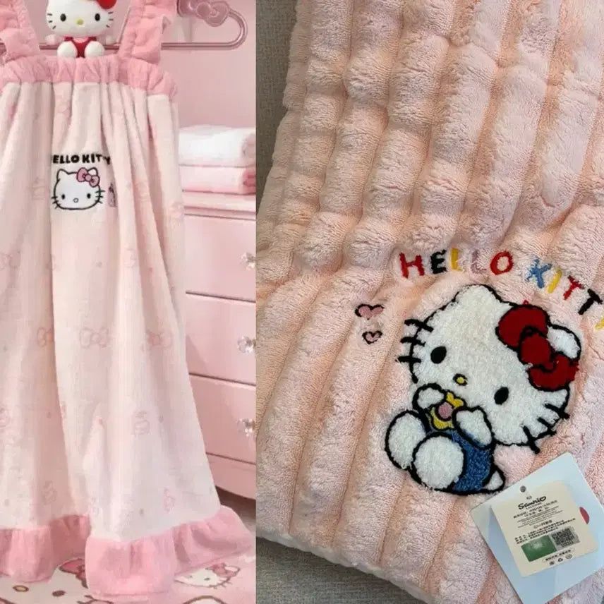 [BUNJANG] Hello Kitty Pink Bathrobe &amp; Large Towel Set (New) / 헬로키티 핑크 목욕 가운+대형타올 세트 새상품
