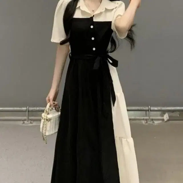 [BUNJANG] Color-Block Short-Sleeve Dress / 반팔 배색 원피스 55~66