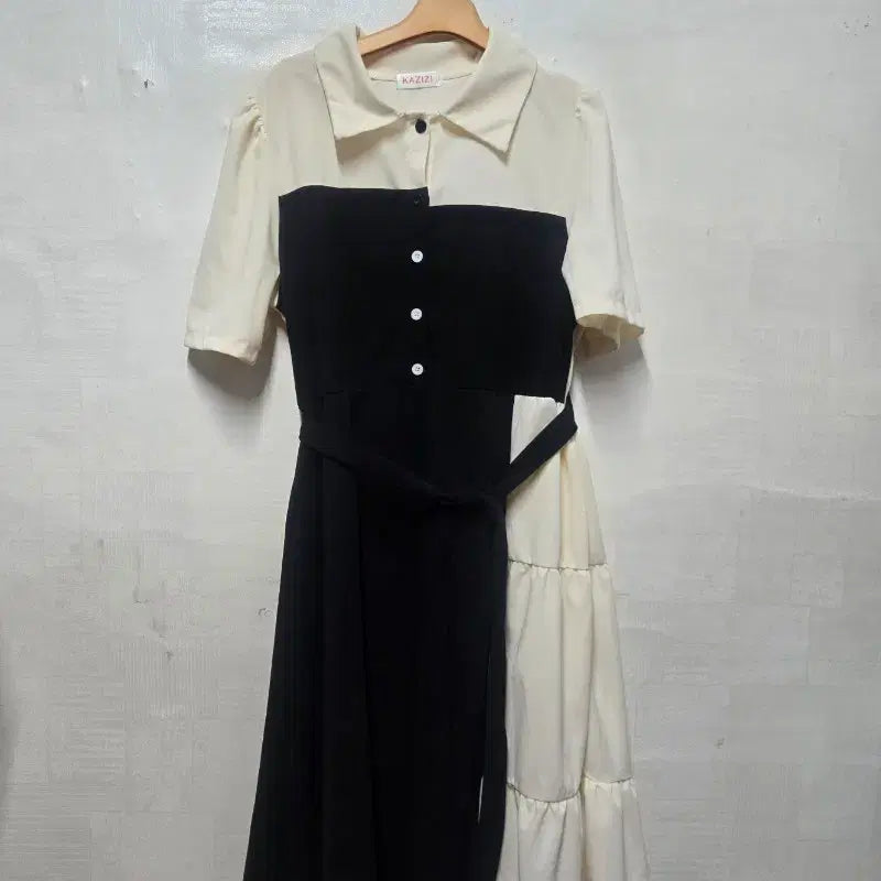 [BUNJANG] Color-Block Short-Sleeve Dress / 반팔 배색 원피스 55~66