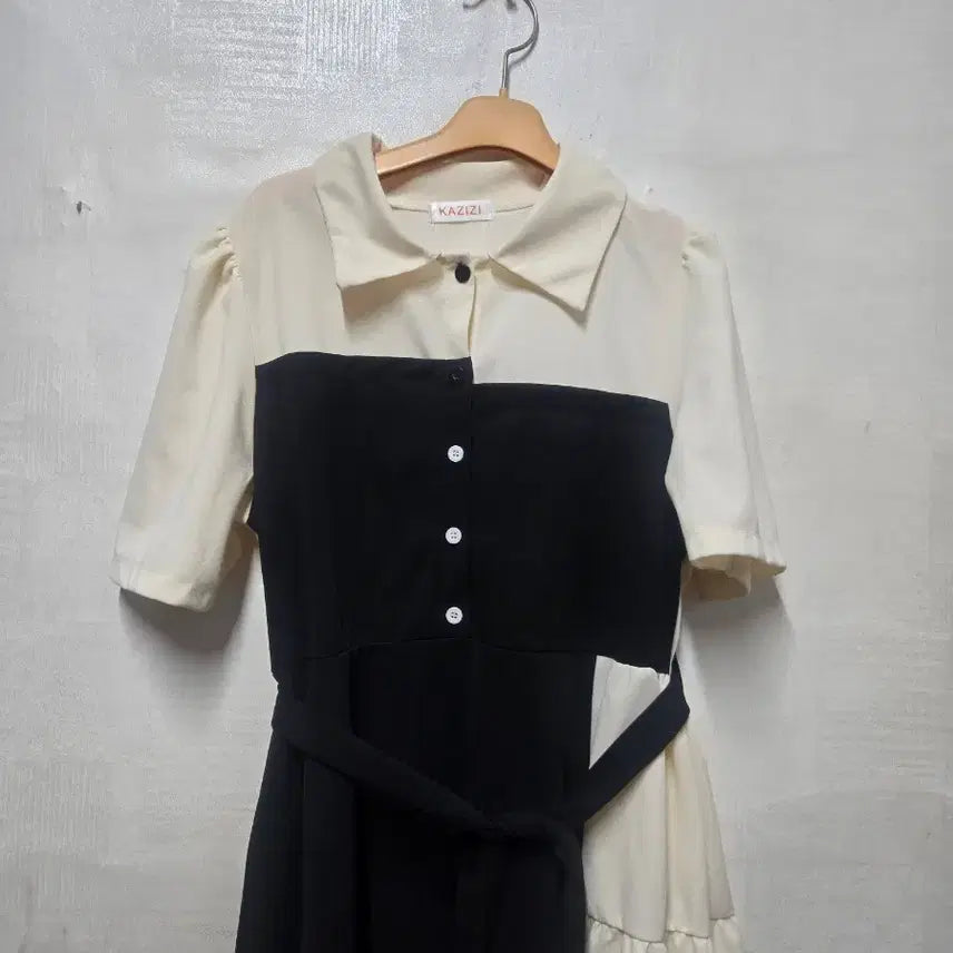 [BUNJANG] Color-Block Short-Sleeve Dress / 반팔 배색 원피스 55~66
