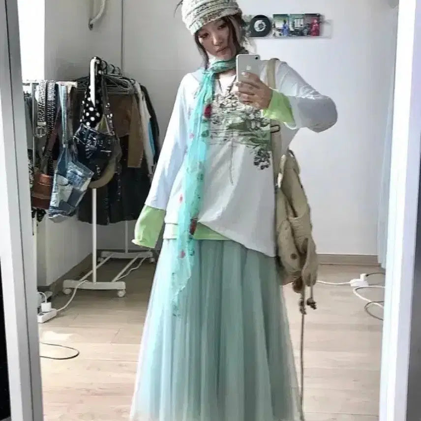 [BUNJANG] M-Lacle Clip Mint See-through Chiffon Banding Long Skirt / 미라이클립 민트 시스루 샤 밴딩 롱스커트