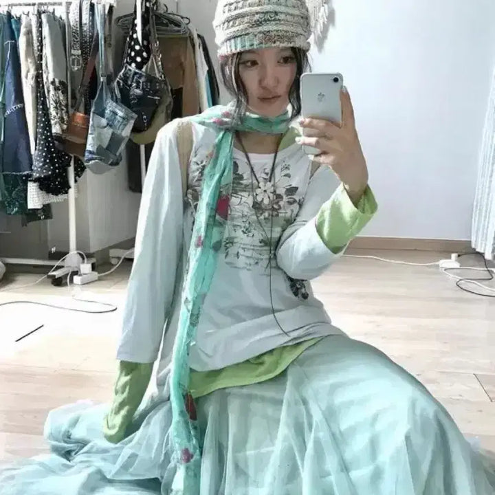 [BUNJANG] M-Lacle Clip Mint See-through Chiffon Banding Long Skirt / 미라이클립 민트 시스루 샤 밴딩 롱스커트