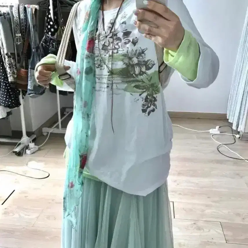 [BUNJANG] M-Lacle Clip Mint See-through Chiffon Banding Long Skirt / 미라이클립 민트 시스루 샤 밴딩 롱스커트