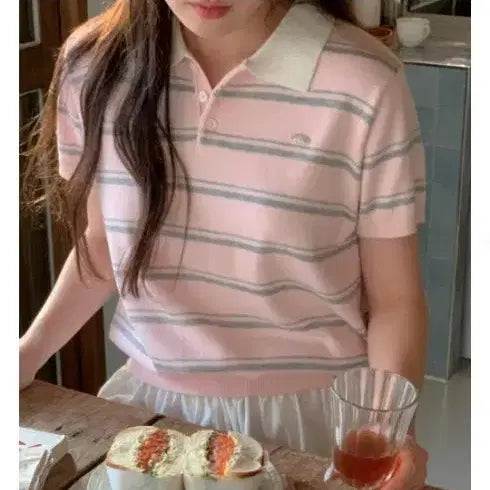 [BUNJANG] A.VEIN Stripe Collar Short Sleeve Knit / 어베인 스트라이프 카라 반팔니트