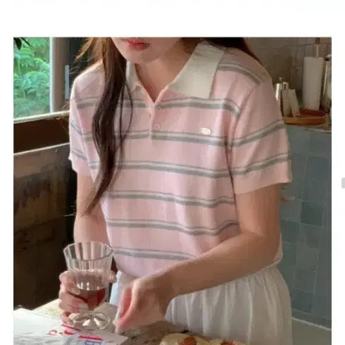 [BUNJANG] A.VEIN Stripe Collar Short Sleeve Knit / 어베인 스트라이프 카라 반팔니트