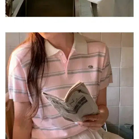 [BUNJANG] A.VEIN Stripe Collar Short Sleeve Knit / 어베인 스트라이프 카라 반팔니트