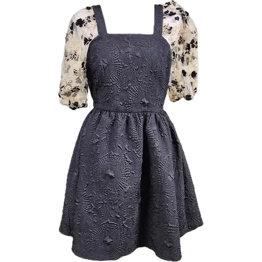 [BUNJANG] Flower See-through Puff Sleeve Black Mini Dress / 플라워 시스루 퍼프 블랙 미니 원피스