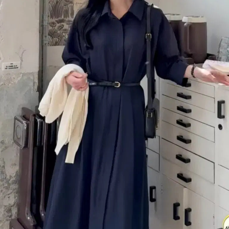 [BUNJANG] Aknyeo Diary Navy 7-Sleeve Shirt Dress / 악녀일기 네이비 셔츠 원피스 (7부소매)