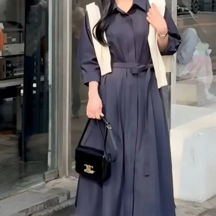 [BUNJANG] Aknyeo Diary Navy 7-Sleeve Shirt Dress / 악녀일기 네이비 셔츠 원피스 (7부소매)