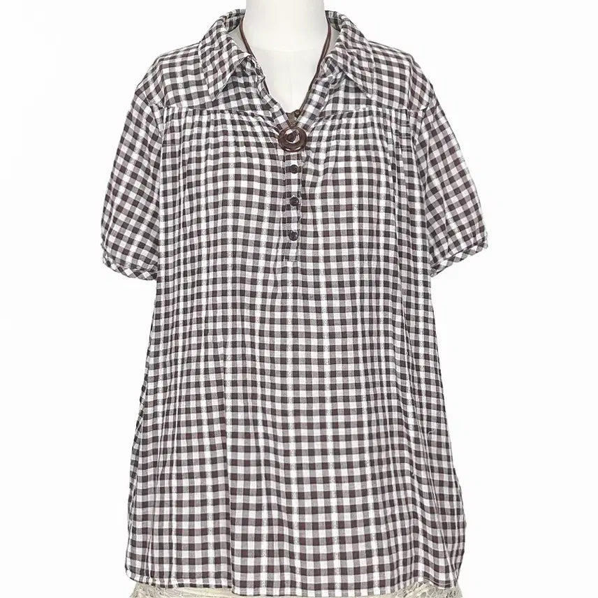 [BUNJANG] Japanese Vintage Brown Check Half-Open Balloon Sleeve Shirt / 일본빈티지 브라운체크 반오픈벌룬소매셔츠남방티 모리걸하구미룩갸루y2k히피