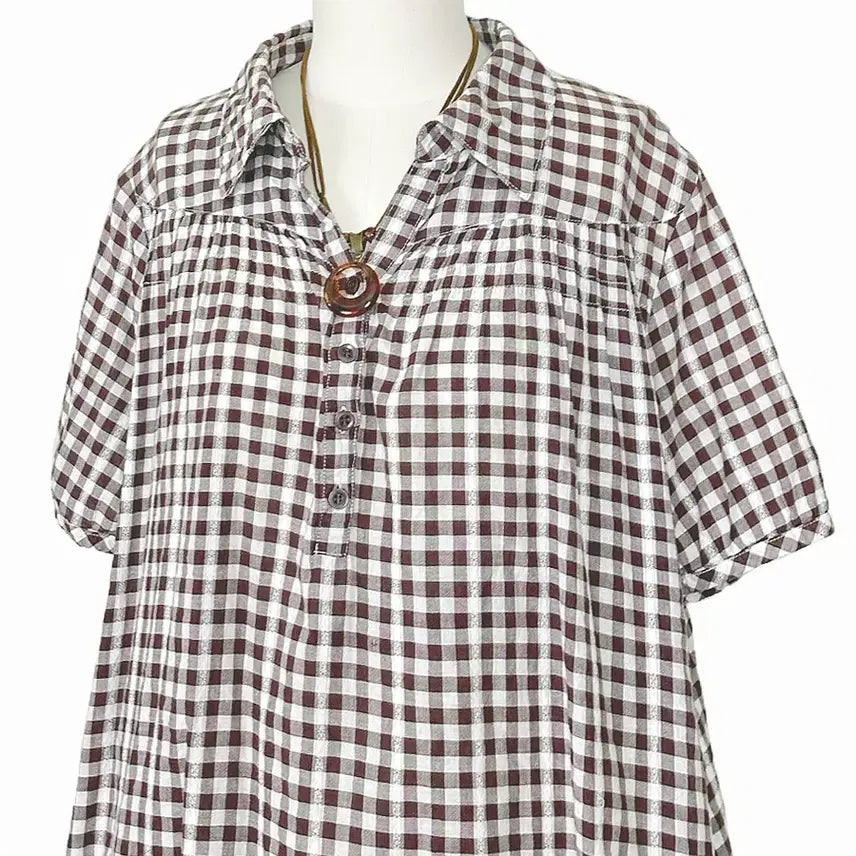 [BUNJANG] Japanese Vintage Brown Check Half-Open Balloon Sleeve Shirt / 일본빈티지 브라운체크 반오픈벌룬소매셔츠남방티 모리걸하구미룩갸루y2k히피