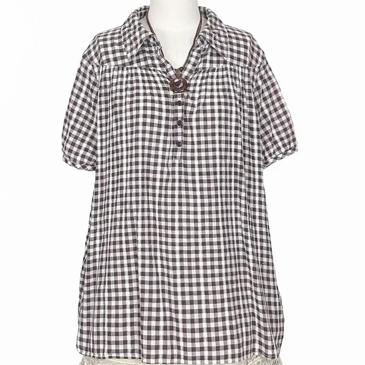 [BUNJANG] Japanese Vintage Brown Check Half-Open Balloon Sleeve Shirt / 일본빈티지 브라운체크 반오픈벌룬소매셔츠남방티 모리걸하구미룩갸루y2k히피