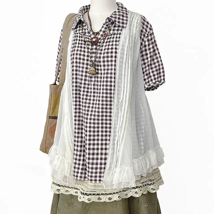 [BUNJANG] Japanese Vintage Brown Check Half-Open Balloon Sleeve Shirt / 일본빈티지 브라운체크 반오픈벌룬소매셔츠남방티 모리걸하구미룩갸루y2k히피