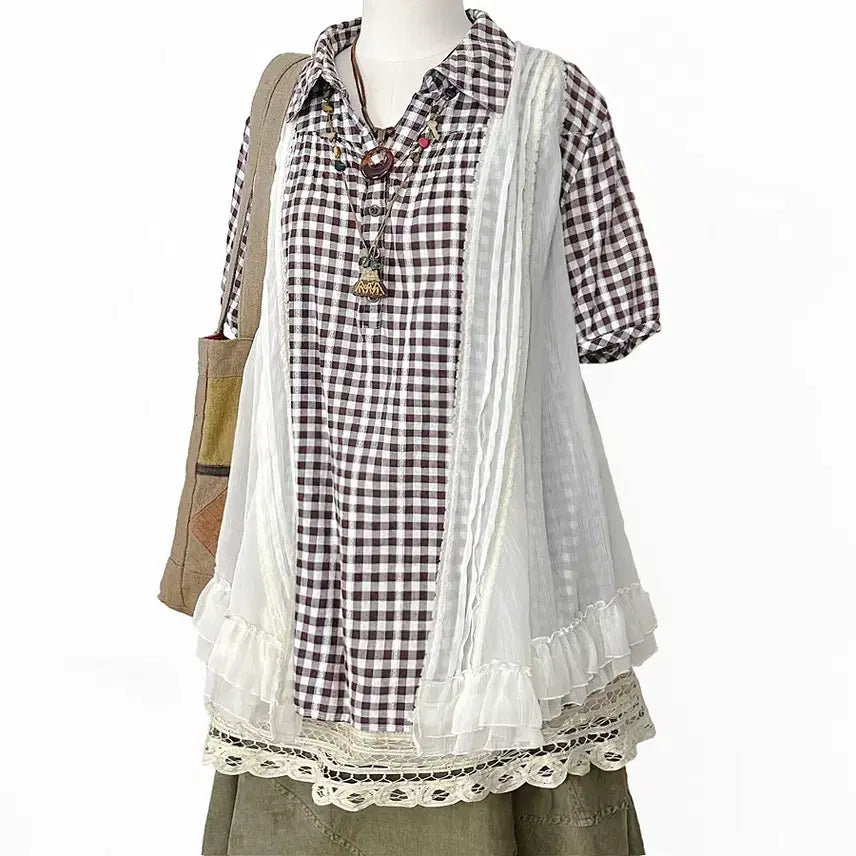 [BUNJANG] Japanese Vintage Brown Check Half-Open Balloon Sleeve Shirt / 일본빈티지 브라운체크 반오픈벌룬소매셔츠남방티 모리걸하구미룩갸루y2k히피