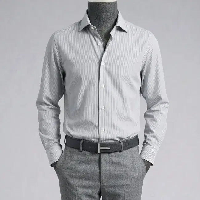[BUNJANG] ZIOZIA And Z Semi Stripe Wide Collar Shirt 100 / 지오지아 And Z / 그레이 와이드카라 세미 스트라이프 셔츠 / 100