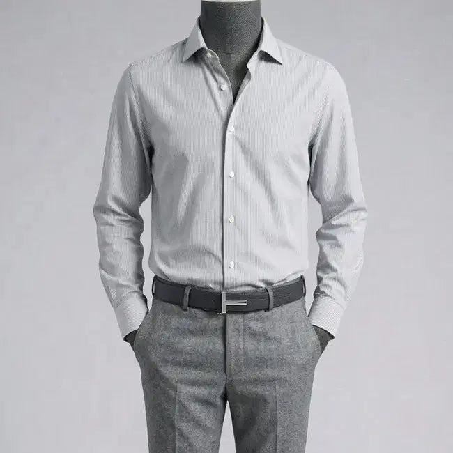[BUNJANG] ZIOZIA And Z Semi Stripe Wide Collar Shirt 100 / 지오지아 And Z / 그레이 와이드카라 세미 스트라이프 셔츠 / 100