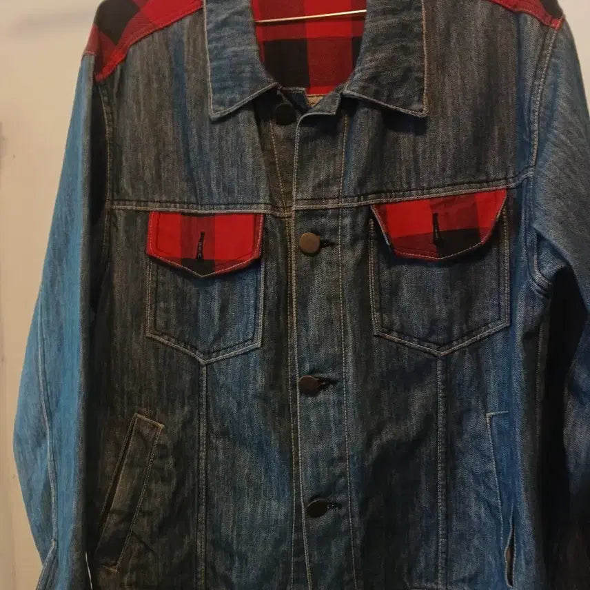 [BUNJANG] Denim Jacket Red Check Accent Size 100 / 데님 자켓 레드 체크 포인트 100