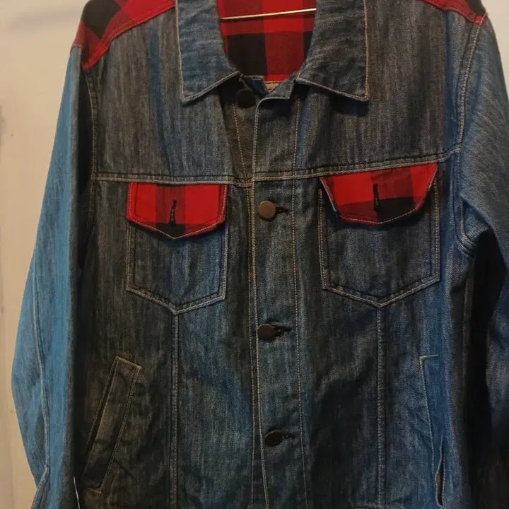 [BUNJANG] Denim Jacket Red Check Accent Size 100 / 데님 자켓 레드 체크 포인트 100