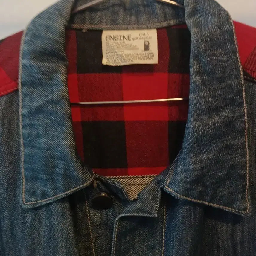 [BUNJANG] Denim Jacket Red Check Accent Size 100 / 데님 자켓 레드 체크 포인트 100