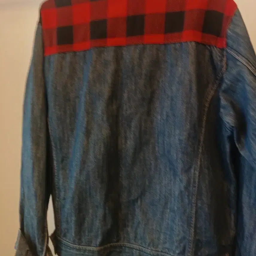 [BUNJANG] Denim Jacket Red Check Accent Size 100 / 데님 자켓 레드 체크 포인트 100