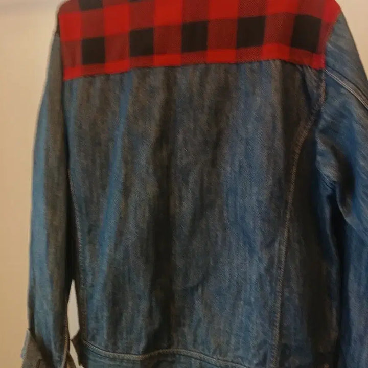 [BUNJANG] Denim Jacket Red Check Accent Size 100 / 데님 자켓 레드 체크 포인트 100