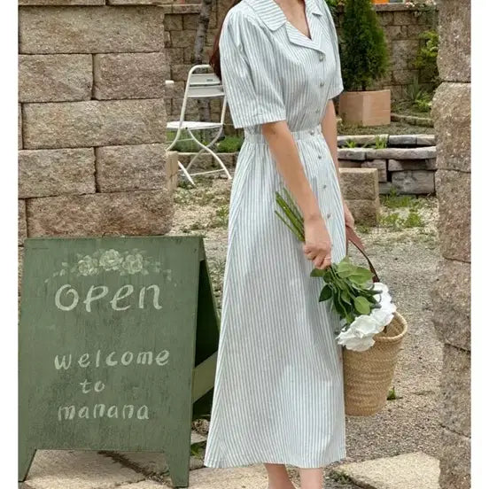 [BUNJANG] KClub Stripe Long Shirt Collar Dress - Green (L) / 케이클럽 스트라이프 롱 원피스 셔츠 칼라 그린색상 L