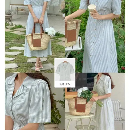 [BUNJANG] KClub Stripe Long Shirt Collar Dress - Green (L) / 케이클럽 스트라이프 롱 원피스 셔츠 칼라 그린색상 L