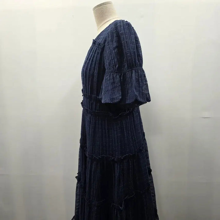 [BUNJANG] KUOSE Puff Sleeve Ruffle Long Dress Navy L / 1342 KUOSE 퍼프소매 캉캉 롱원피스 네이비 L사이즈 여리핏
