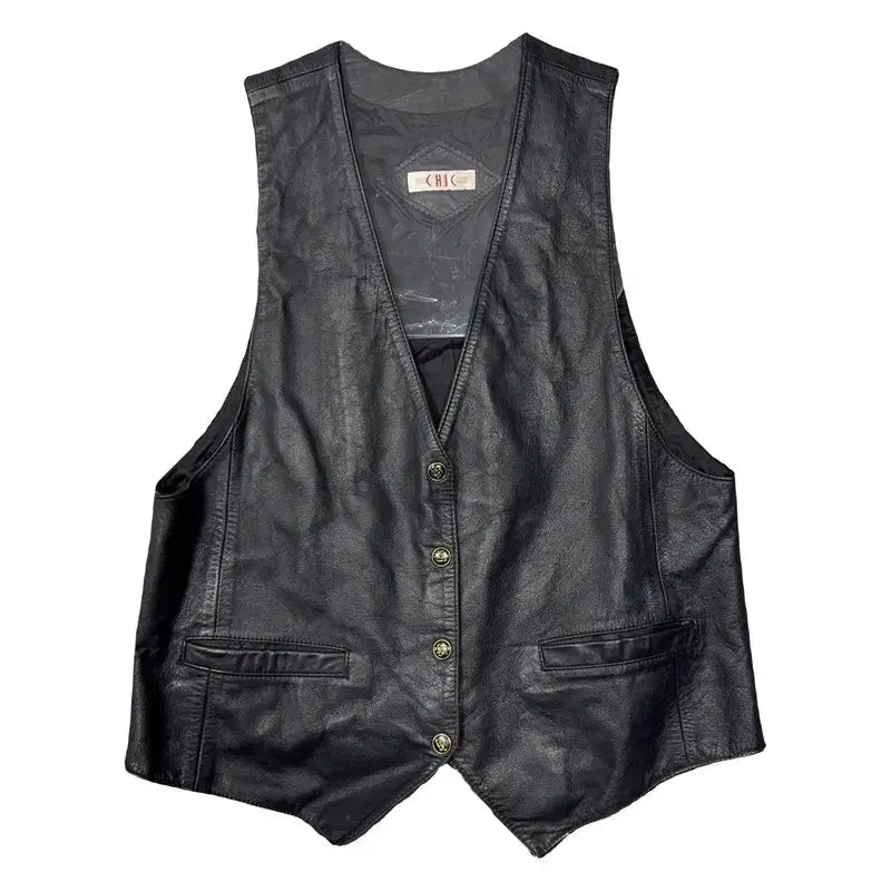 [BUNJANG] Vintage Black Genuine Leather Vest 95 / 빈티지 블랙 소가죽 양장 조끼 95
