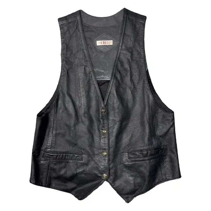 [BUNJANG] Vintage Black Genuine Leather Vest 95 / 빈티지 블랙 소가죽 양장 조끼 95