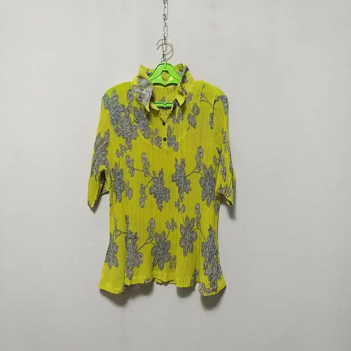 [BUNJANG] Yellow Floral Print Pleated Blouse / ㅎ242 플리츠상의