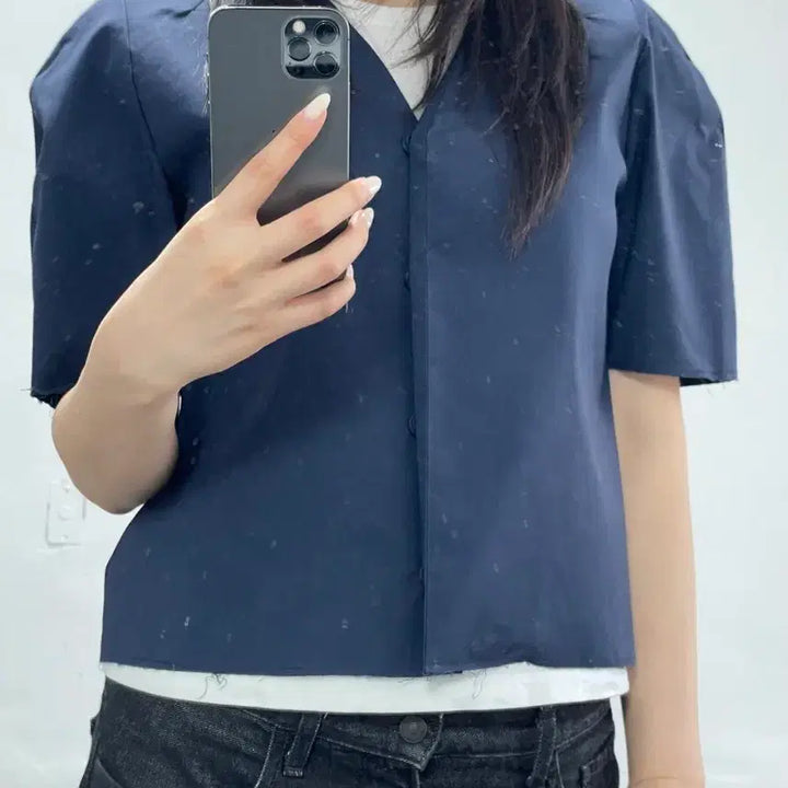 [BUNJANG] RECTO Navy Puff Short Sleeve Blouse / RECTO 네이비 퍼프 반팔 블라우스