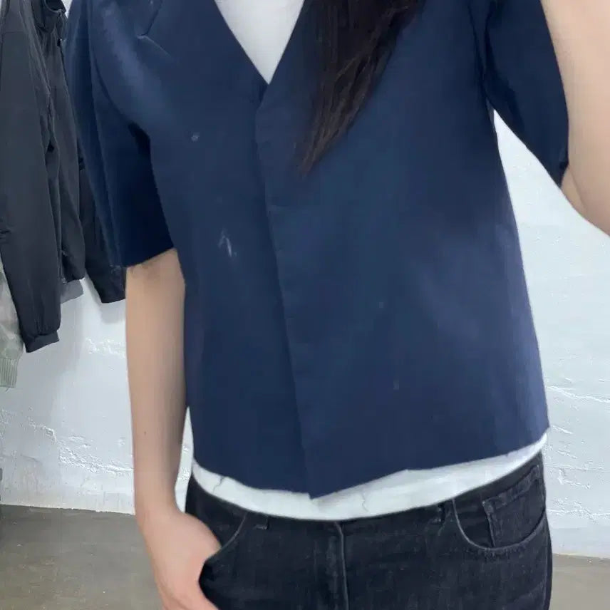[BUNJANG] RECTO Navy Puff Short Sleeve Blouse / RECTO 네이비 퍼프 반팔 블라우스