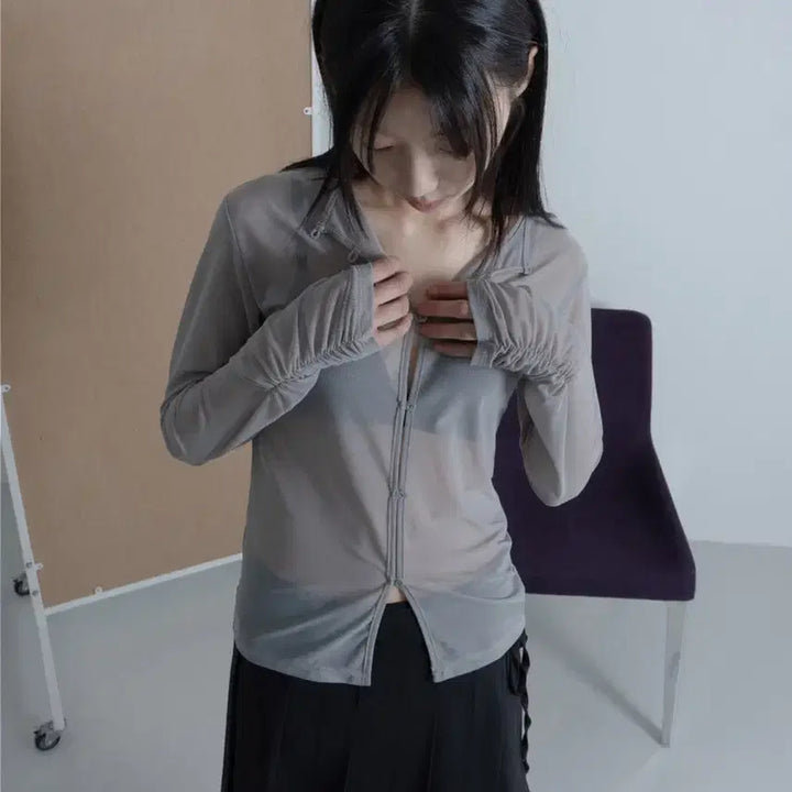 [SOLD OUT] (오늘만 판매)우화 WRINKLE MESH CARDIGAN grey