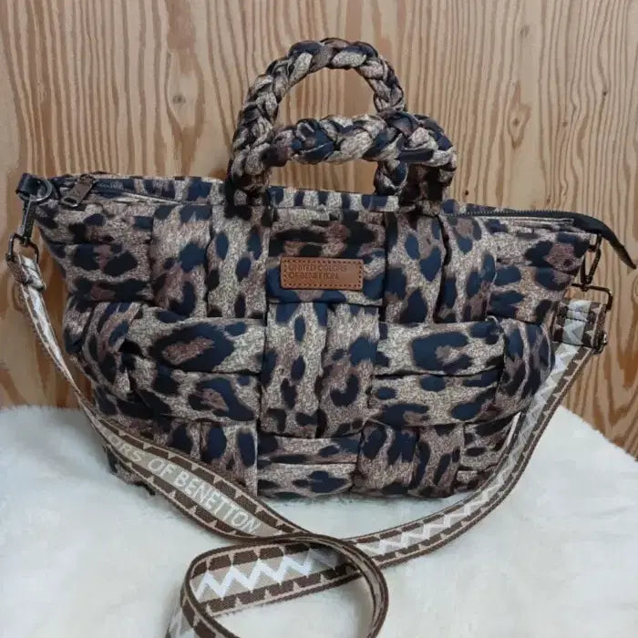 [BUNJANG] Benetton Leopard Pattern Weaving Tote Bag / 베네통 레오파드 패턴 위빙 토트백