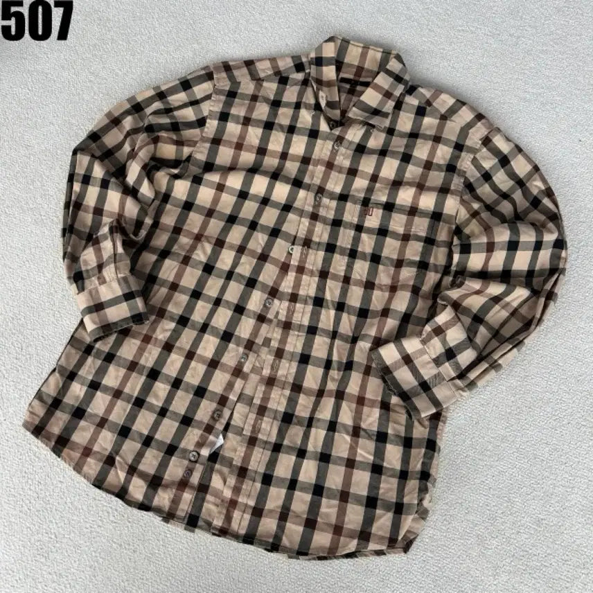 [BUNJANG] Daks Beige Check Long Sleeve Shirt / 닥스 베이지 체크 긴팔 셔츠 100
