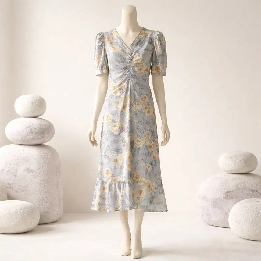 [BUNJANG] Flower Pattern Shirring Short Sleeve Long Dress / 플라워 패턴 셔링 반팔 롱원피스