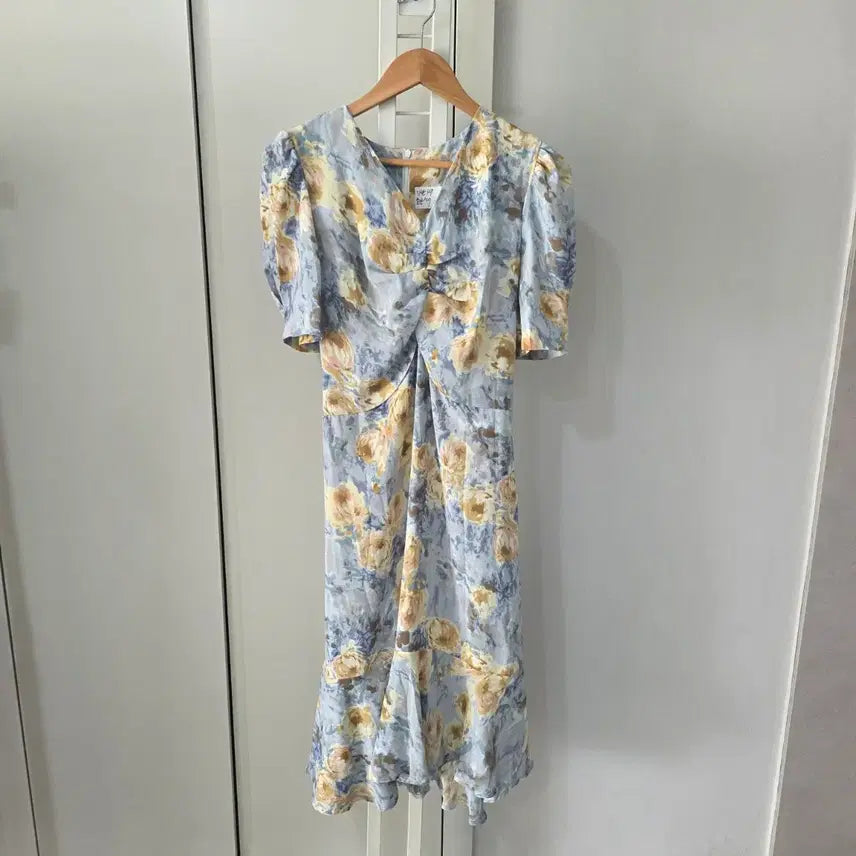 [BUNJANG] Flower Pattern Shirring Short Sleeve Long Dress / 플라워 패턴 셔링 반팔 롱원피스