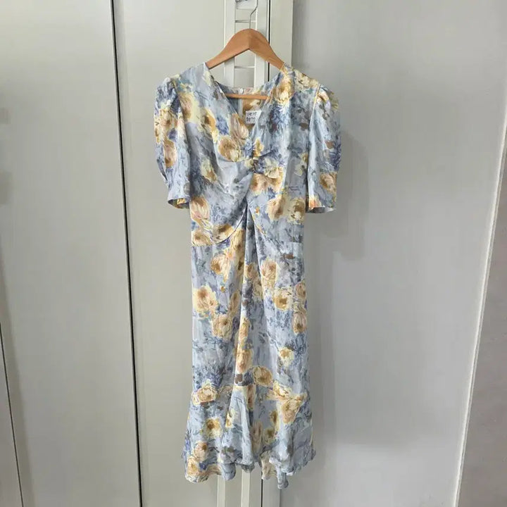 [BUNJANG] Flower Pattern Shirring Short Sleeve Long Dress / 플라워 패턴 셔링 반팔 롱원피스
