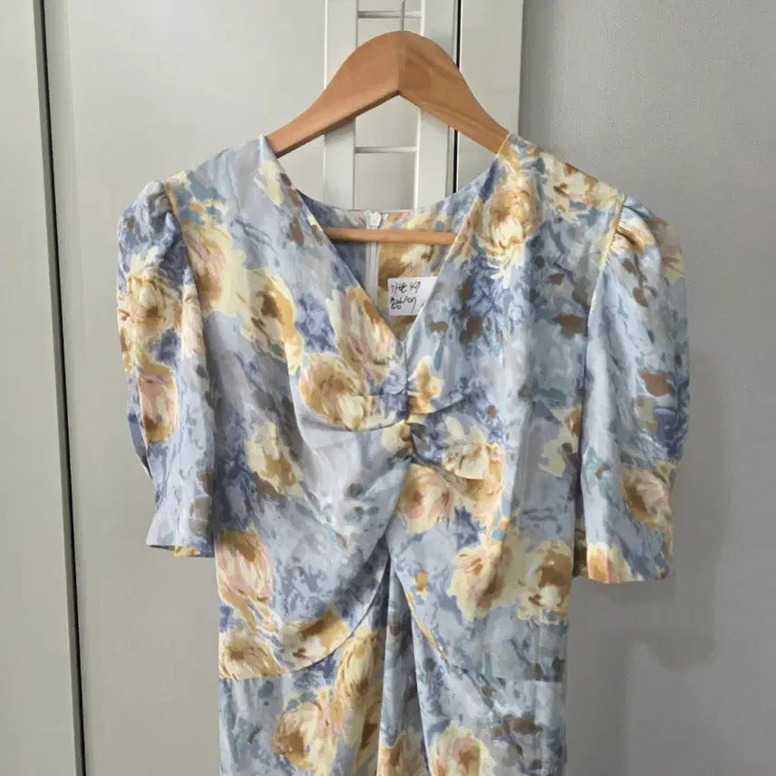 [BUNJANG] Flower Pattern Shirring Short Sleeve Long Dress / 플라워 패턴 셔링 반팔 롱원피스