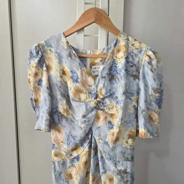 [BUNJANG] Flower Pattern Shirring Short Sleeve Long Dress / 플라워 패턴 셔링 반팔 롱원피스