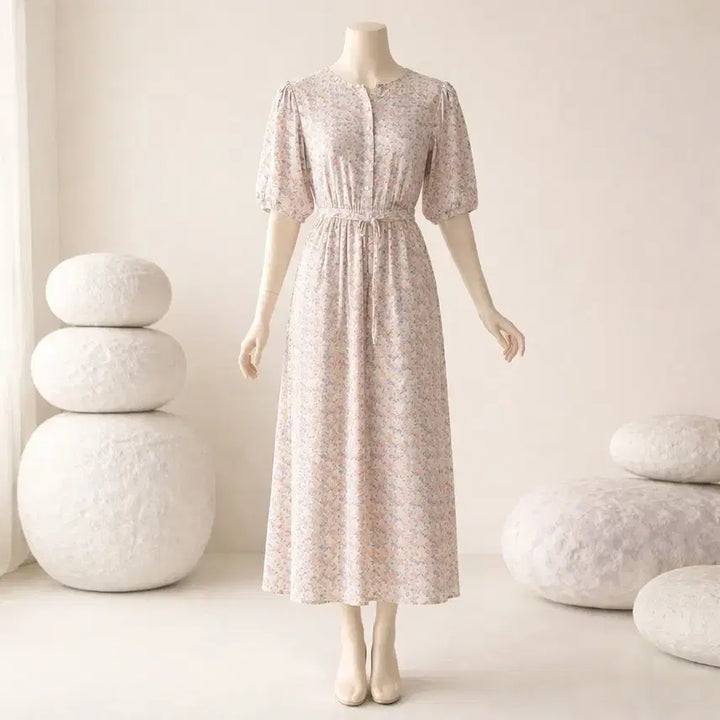 [BUNJANG] Flower Pattern Long Dress Puff Sleeves / 플라워 패턴 롱 원피스 퍼프소매