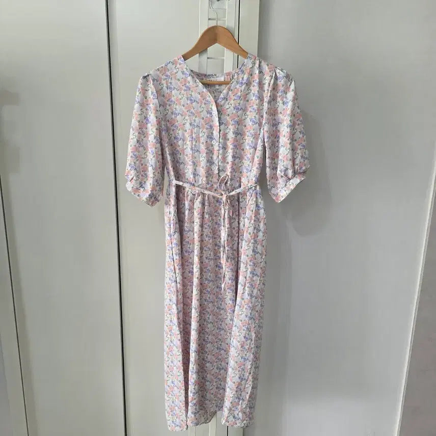 [BUNJANG] Flower Pattern Long Dress Puff Sleeves / 플라워 패턴 롱 원피스 퍼프소매