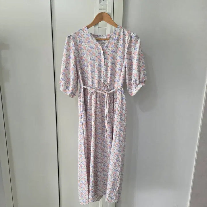 [BUNJANG] Flower Pattern Long Dress Puff Sleeves / 플라워 패턴 롱 원피스 퍼프소매