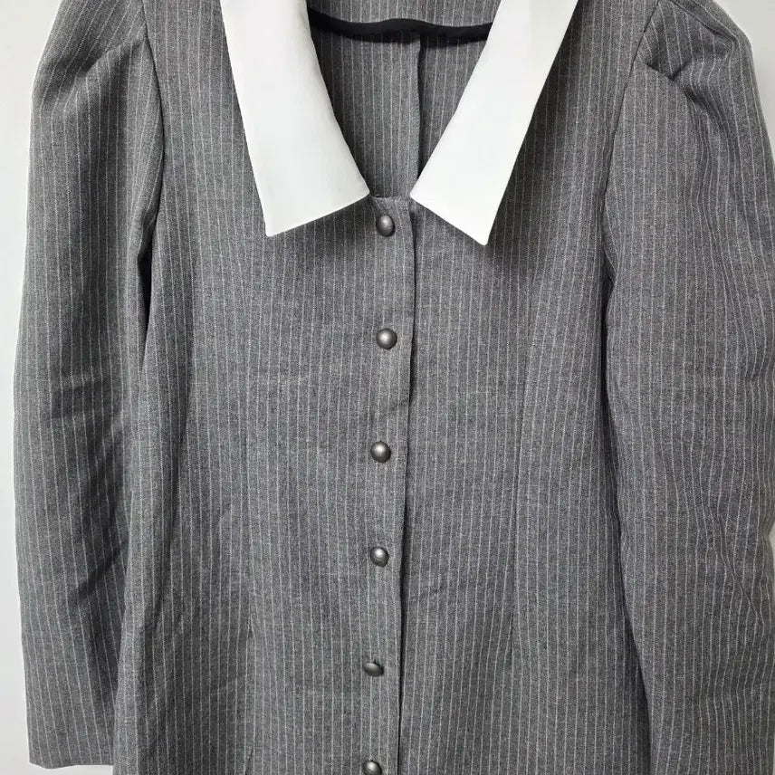 [BUNJANG] Gray Stripe Long Dress with White Collar / 회색 스트라이프 칼라 롱 원피스
