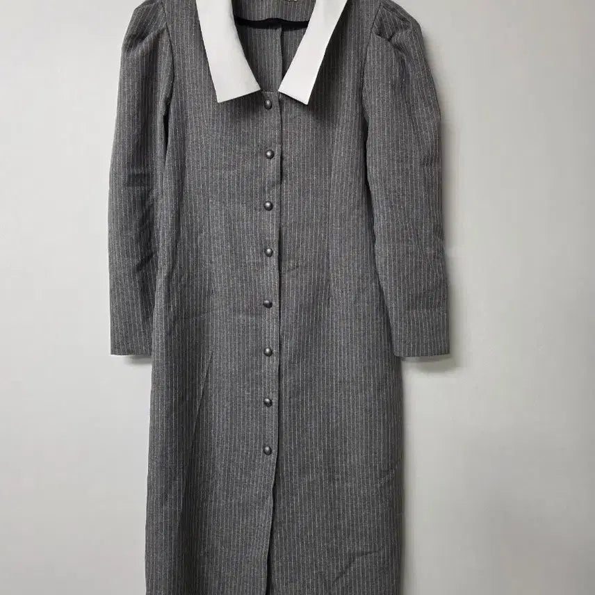 [BUNJANG] Gray Stripe Long Dress with White Collar / 회색 스트라이프 칼라 롱 원피스
