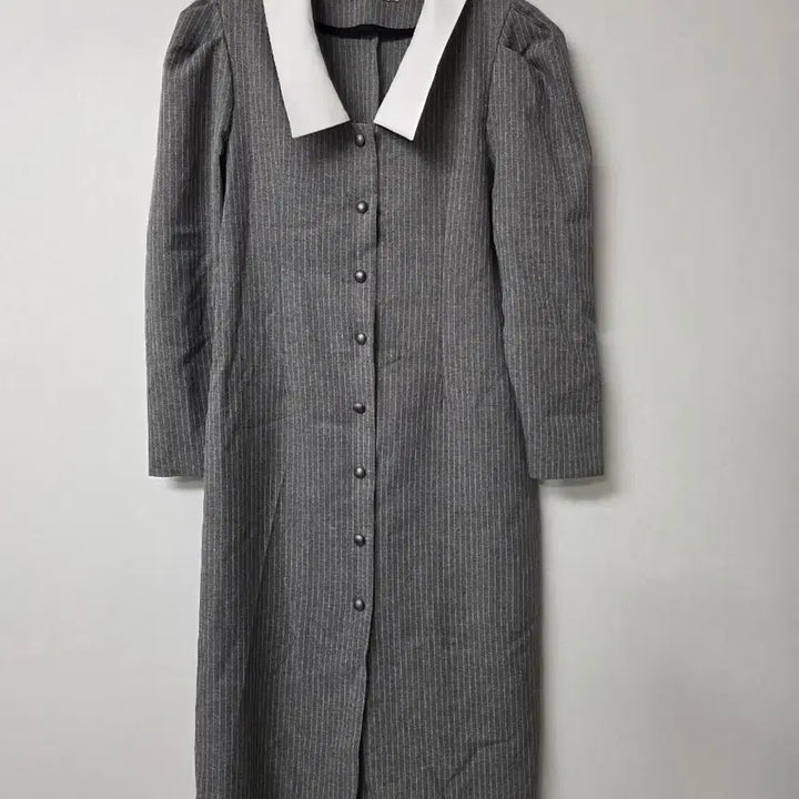 [BUNJANG] Gray Stripe Long Dress with White Collar / 회색 스트라이프 칼라 롱 원피스