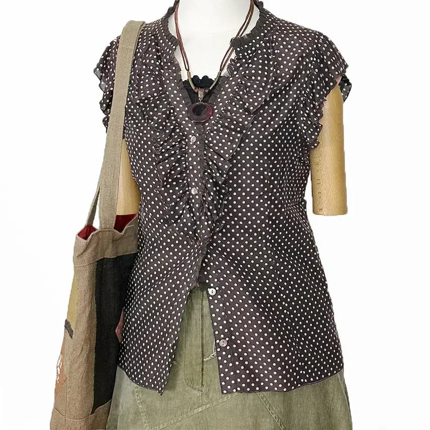 [BUNJANG] Vintage Brown Polka Dot Blouse with Frill Cap Sleeves and Shirring Neck / 일본빈티지프릴캡소매셔링넥도트땡땡이블라우스티브라운모리걸하구미룩갸루y2k히피