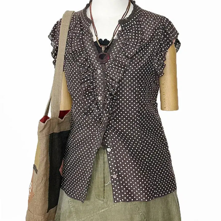 [BUNJANG] Vintage Brown Polka Dot Blouse with Frill Cap Sleeves and Shirring Neck / 일본빈티지프릴캡소매셔링넥도트땡땡이블라우스티브라운모리걸하구미룩갸루y2k히피