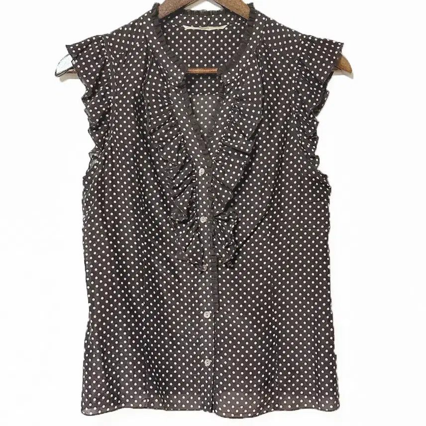 [BUNJANG] Vintage Brown Polka Dot Blouse with Frill Cap Sleeves and Shirring Neck / 일본빈티지프릴캡소매셔링넥도트땡땡이블라우스티브라운모리걸하구미룩갸루y2k히피